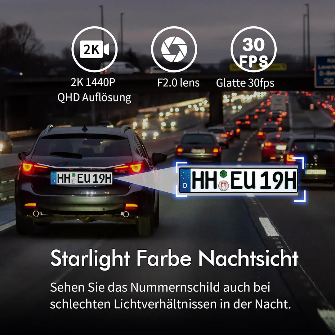 Dashcam Auto, KAWA D6 Dashcam 2K 1440P Voll QHD 30 fps - 360° drehbares Gehäuse Eingebautes WLAN für