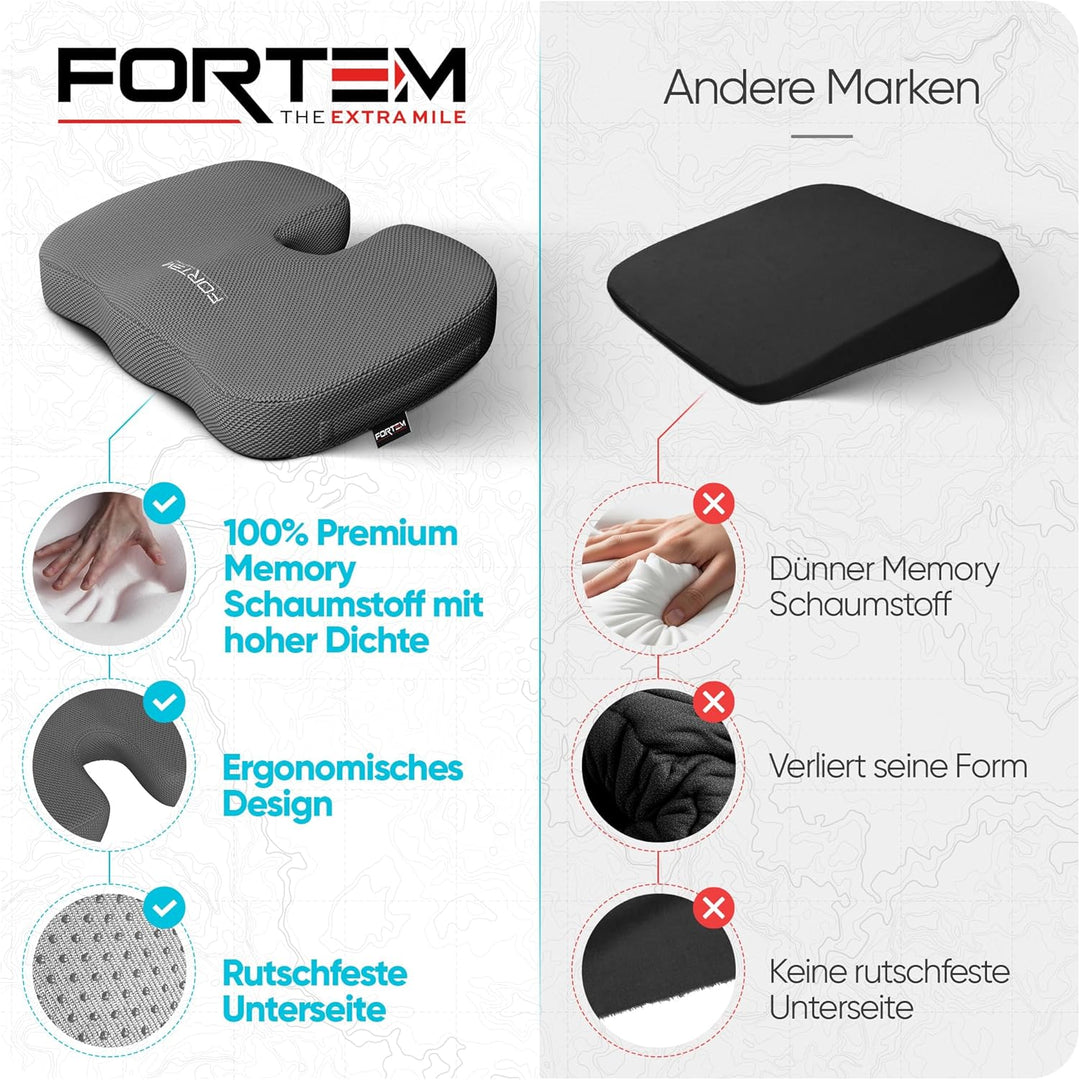 FORTEM XL Autositzkissen, Memory-Schaum-Kissen für Büro Computersessel & Lindert Schmerzen an Steiss