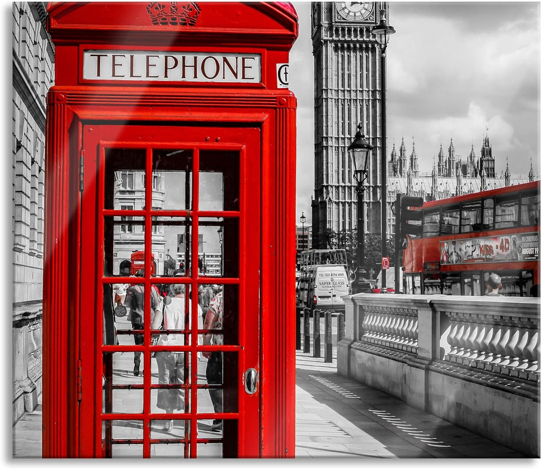 Telefonzelle London Herdabdeckplatte & Spritzschutz aus Echtglas | Für Herd-Kochfelder | 60x52 cm