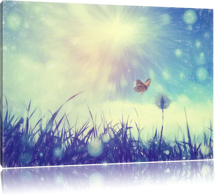 Pixxprint zarter Schmetterling fliegt zu Pusteblume Kunst Buntstift Effekt, Format: 100x70 auf Leinw