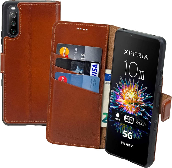 Suncase Book-Style Hülle kompatibel mit Sony Xperia 10 III 3 (2021) Leder Tasche (Slim-Fit) Lederhül