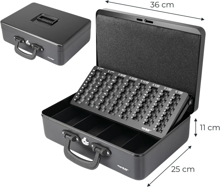 HMF 22037-02 Geldkassette Geldzählkassette 2 Tragegriffe, 36 x 25 x 11 cm, schwarz, Schwarz