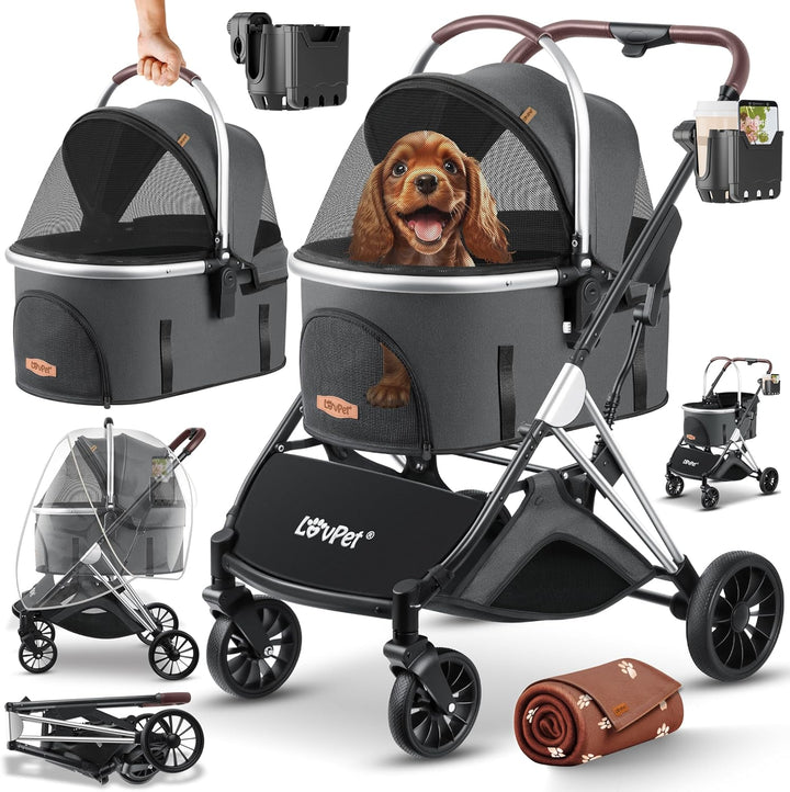 LOVPETยฎ Hundewagen 3in1 Hundebuggy Hundebox Transporttasche 360ยฐ Grosse Rรคder Faltbar klappbar Haust