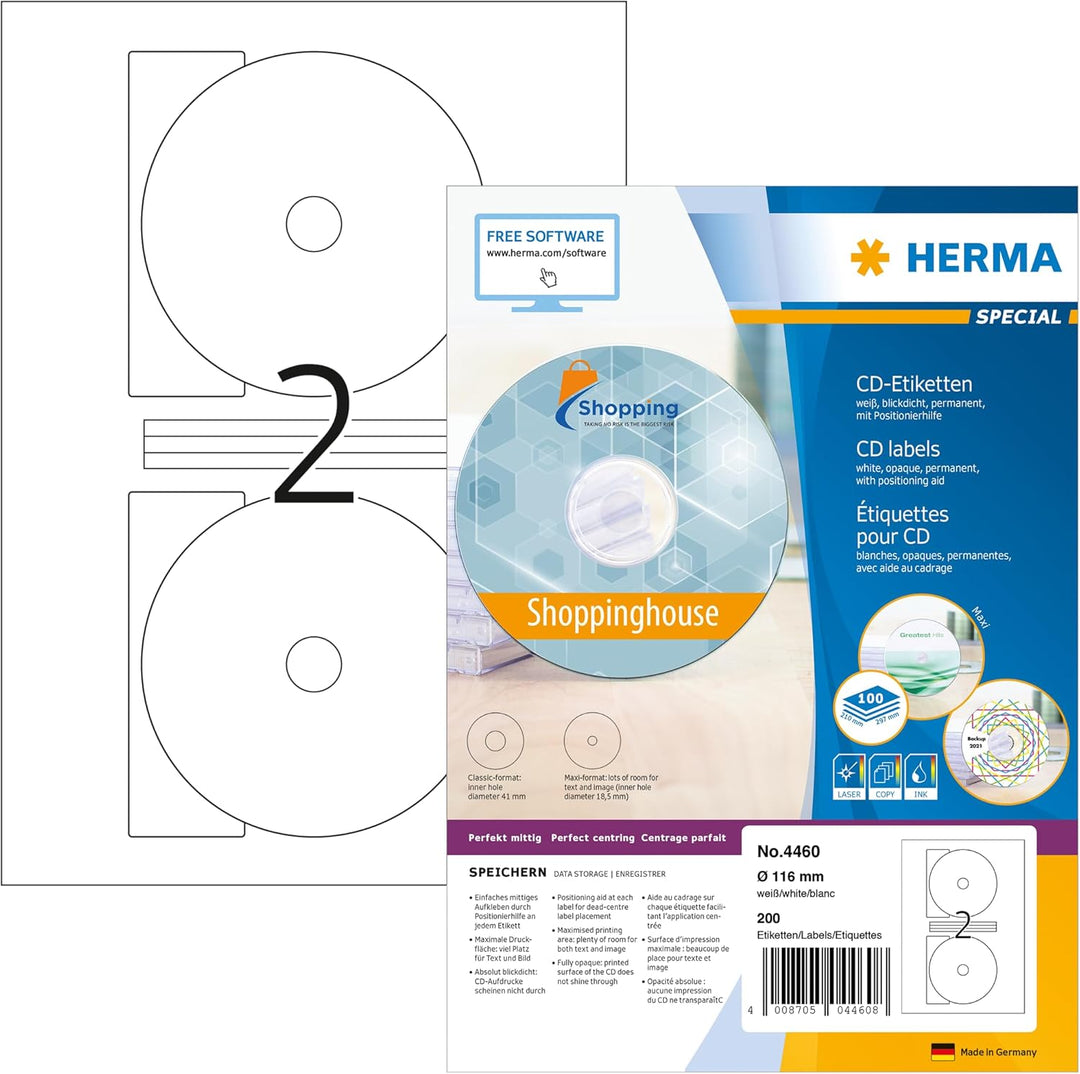 HERMA 4460 CD DVD Etiketten inkl. Zentrierhilfe blickdicht, 100 Blatt, Ø 116 mm MAXI, 2 Stück pro A4