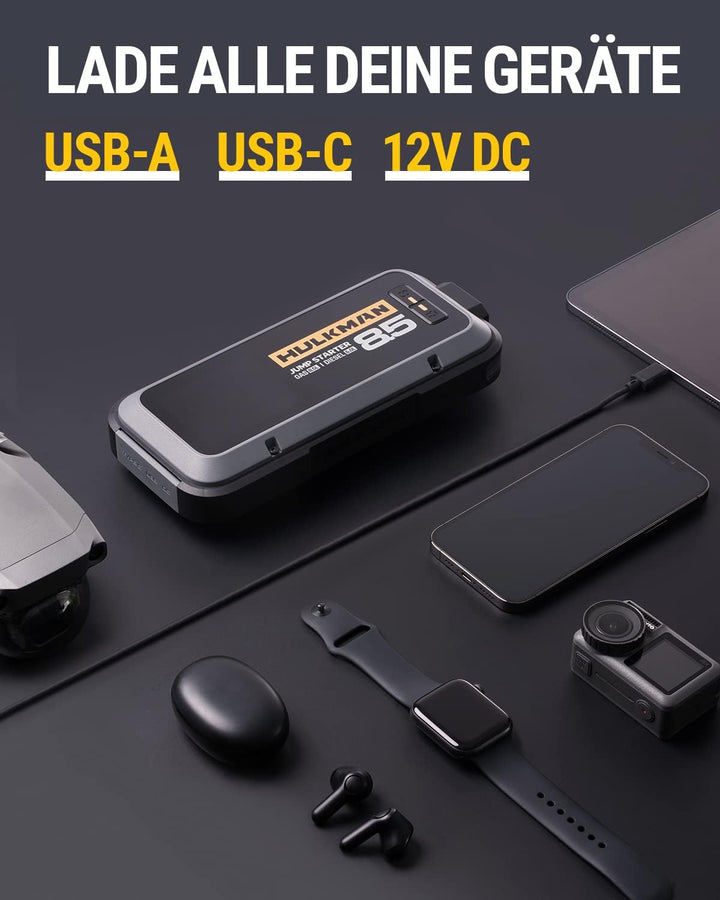 HULKMAN Alpha 85 Starthilfe Powerbank 2000A 20000mAh Auto Starter fĂŒr bis zu 8,5L Benzin und 6L Dies