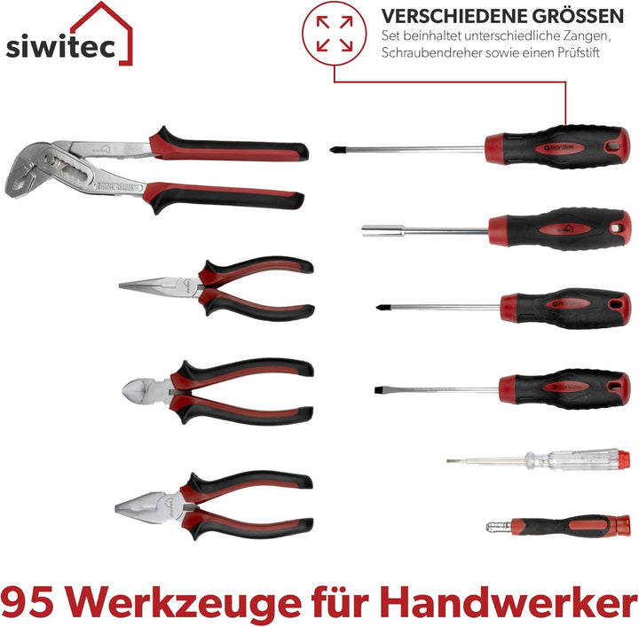 siwitec Werkzeugkoffer 95-teilig | Werkzeug Set CRV | Werkzeugkasten gefüllt mit Zangen, Schraubendr