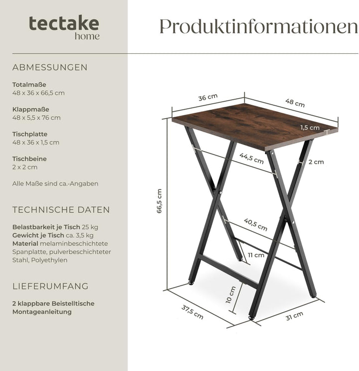 tectake 2er Set Beistelltisch klappbar, Holz Tablett Tisch im Industrie-Design, 48x36x66,5 cm, TV Tr