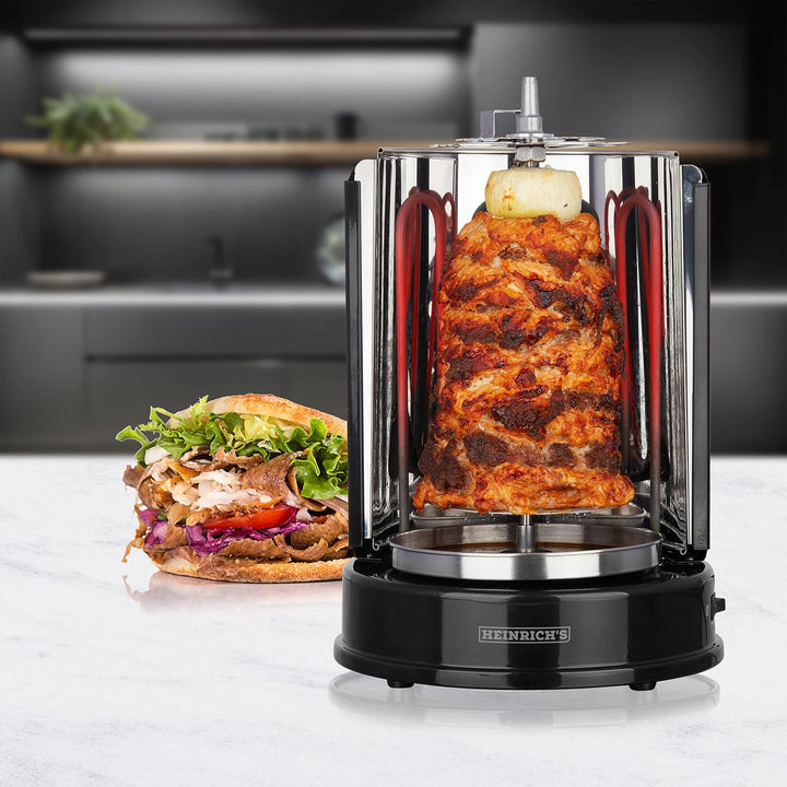HEINRICHS Dönergrill für Zuhause, Schaschlikgrill Rotissiere Hähnchengrill Gyros Kebab, Drehspiess,