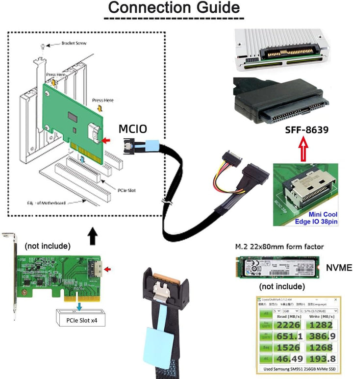 xiwai PCIe 5.0 MCIO 4X Mini Cool Edge IO auf U.2 SFF-8639 NVME PCI-Express mit 15P Sata Stromkabel f