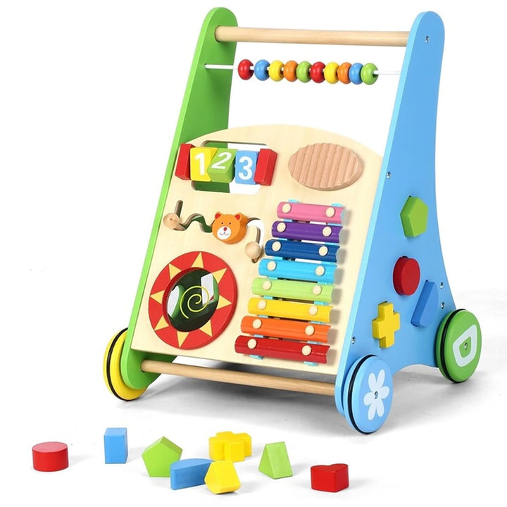 COIL 3-in-1 Holzpuppenwagen Lernspielzeug Musikwagen Laufhilfe Labyrinth Abakus Becken Trommel Forme