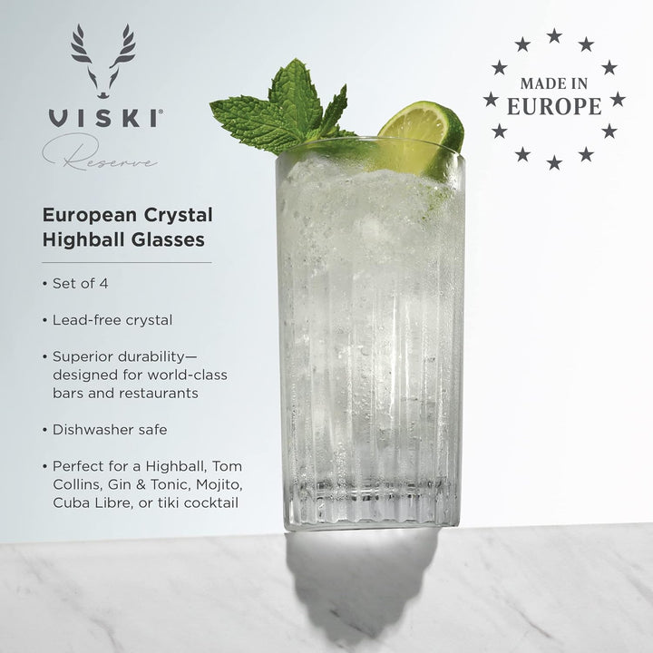 Viski Reserve European Highball-Tumbler, 4 Cocktailgläser aus bleifreiem Kristallglas, Glaswaren Mad