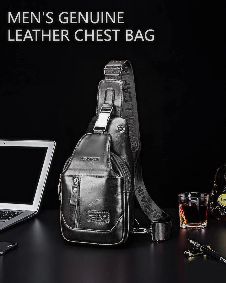 LOONGYOON Herrenbrusttasche aus Leder Umhängetasche mit Kopfhöreröffnung Studie über Sportreisen Mul