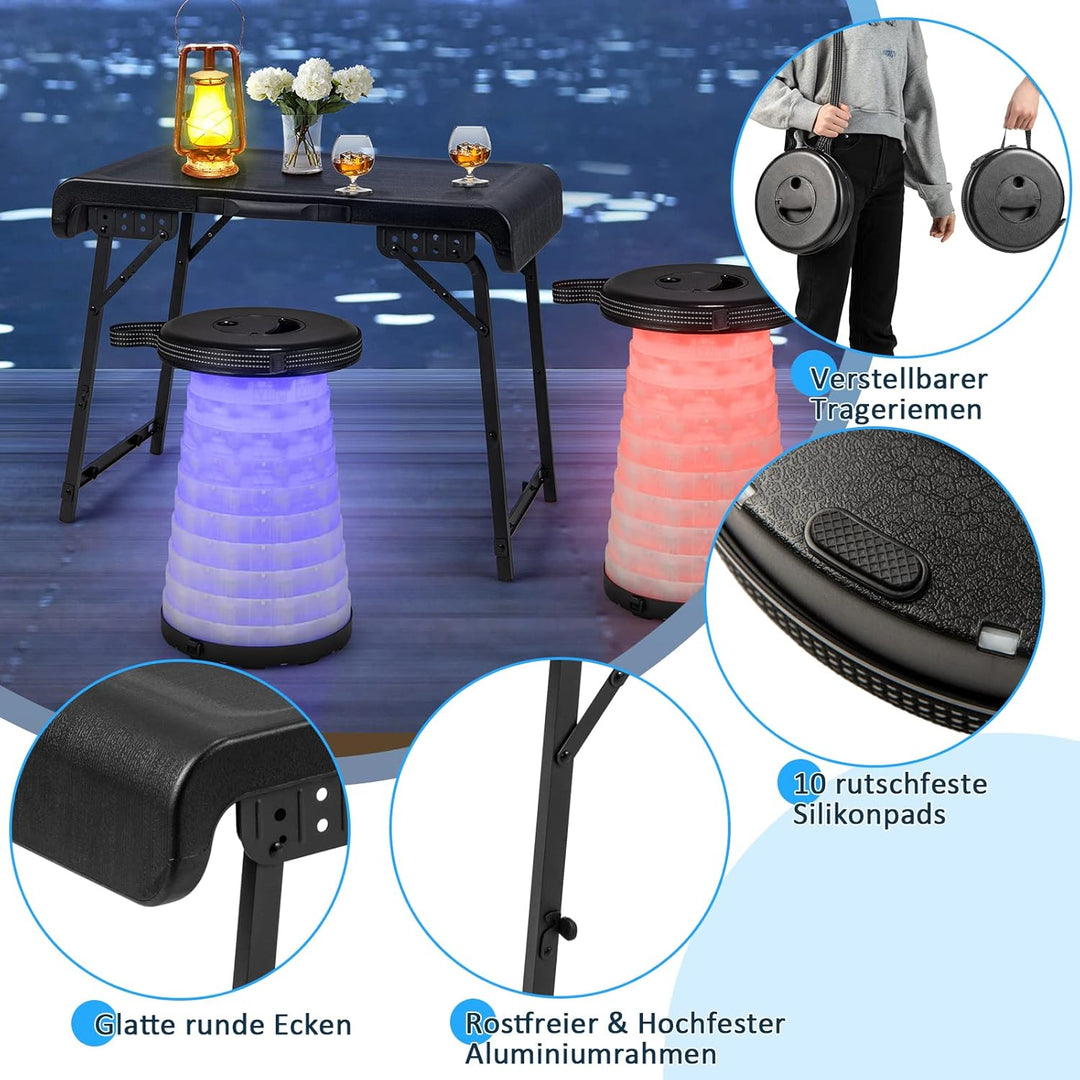 COSTWAY Tragbarer Klapptisch mit 2 LED Teleskophockern, Campingtisch und höhenverstellbarer Hocker,