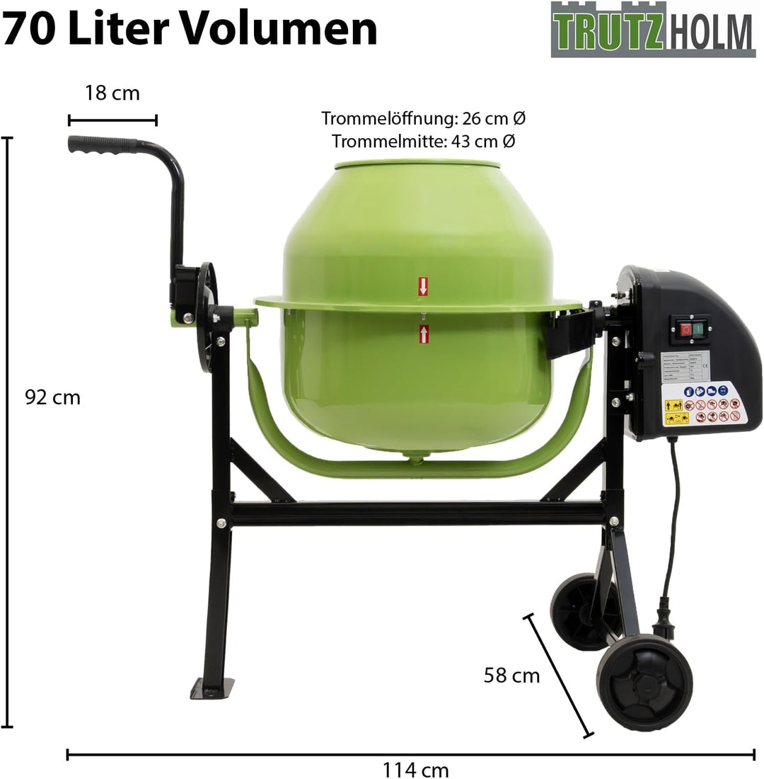 TrutzHolm® Betonmischer mit 70l Trommel leistungsstarker Elektromotor mit 275 Watt stabile Stahlkons