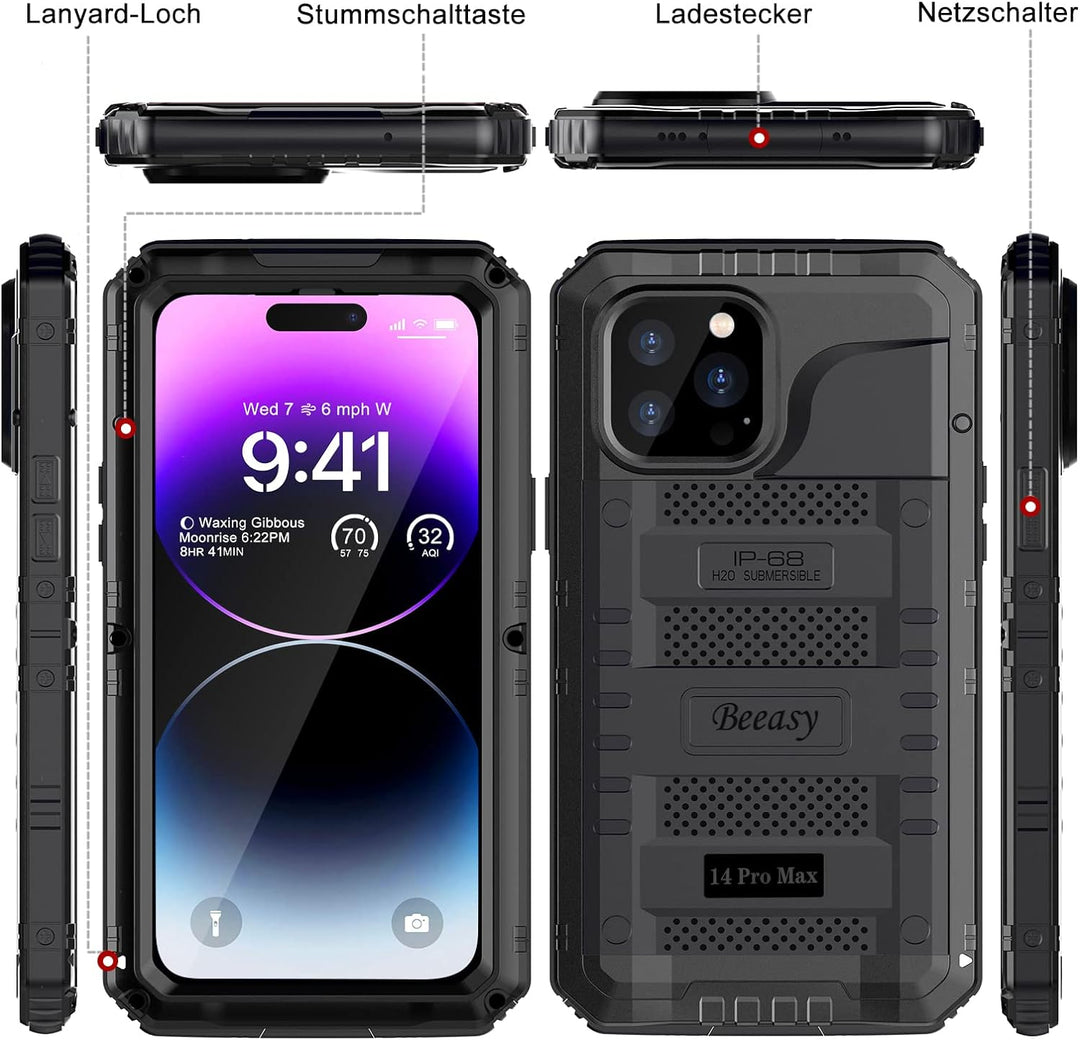 Beeasy für iPhone 14 Pro Max Wasserdicht Outdoor Hülle (6,7"), Stossfest Panzerhülle Militär 360 Gra