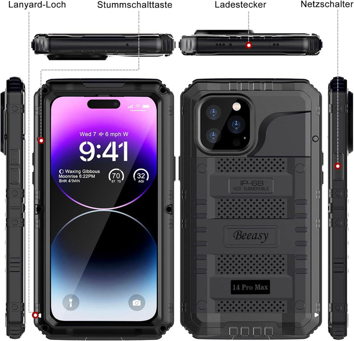 Beeasy für iPhone 14 Pro Max Wasserdicht Outdoor Hülle (6,7"), Stossfest Panzerhülle Militär 360 Gra