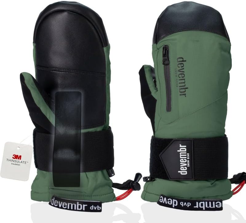 devembr Ski-Fäustlinge mit Handgelenkschützern, Warme Snowboard-Fäustlinge, Wasserdicht (S/M/L) Grün