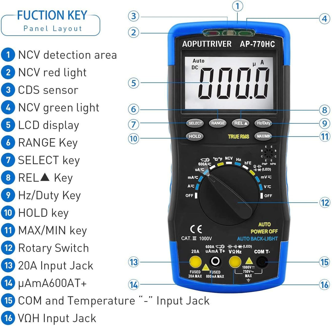 Multimeter Digital AP-770HC 6000Counts Auto/Manueller Bereich StrommessgerÀt Multi Tester NCV Stroms