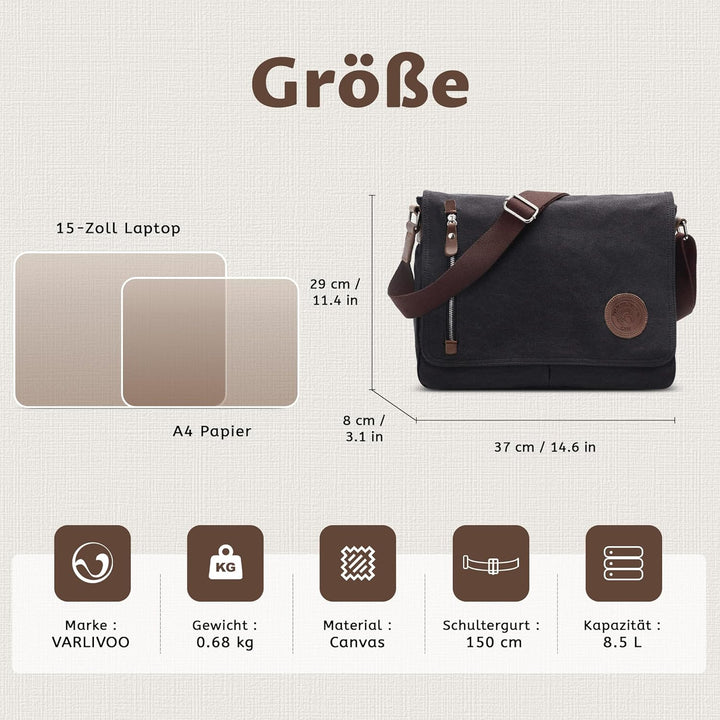 VARLIVOO Umhängetasche für Herren Schultertaschen 14" Zoll Laptoptaschen Messenger Bags Kuriertasche
