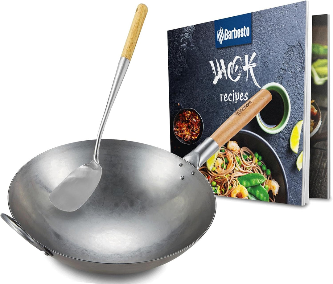 CLP Wok-Set aus Karbonstahl I Flacher oder runder Boden für Gas, Induktion und Grill I Wokpfanne mit