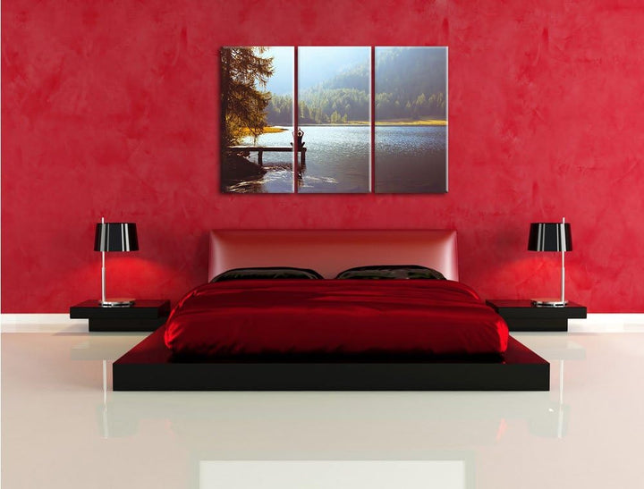 Pixxprint Yoga am See als Leinwandbild | Grösse: 3 Teilig (120x80) | Wandbild| Kunstdruck | fertig b