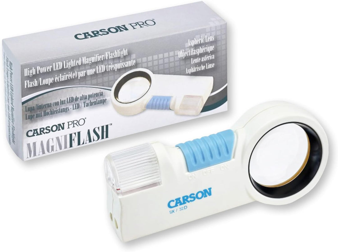 Carson MagniFlash asphärische 9x Lupe mit LED und Taschenlampenfunktion (CP-32) 9x LED-Lupe, 9x LED-