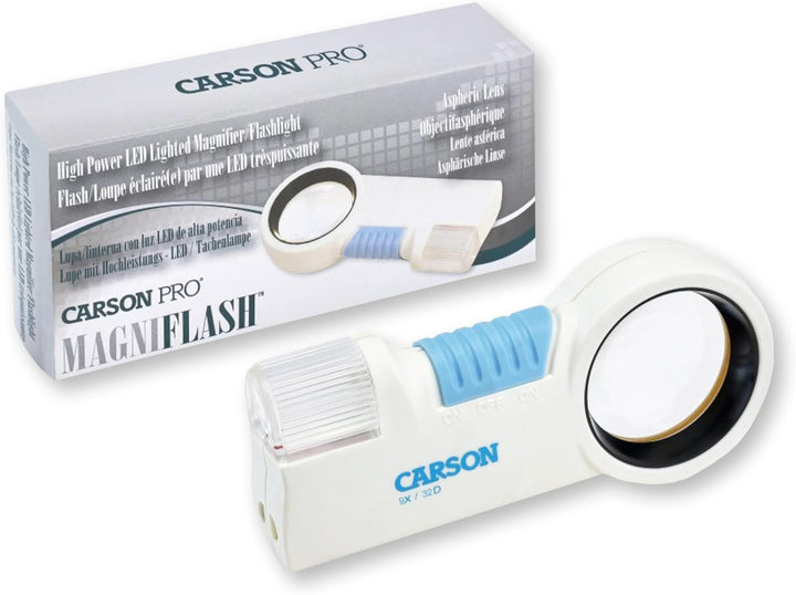 Carson MagniFlash asphärische 9x Lupe mit LED und Taschenlampenfunktion (CP-32) 9x LED-Lupe, 9x LED-