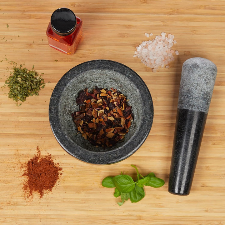 Relaxdays Granit Mörser mit Stössel, robust & langlebig, Gewürze, Kräuter, polierter Steinmörser, Ø