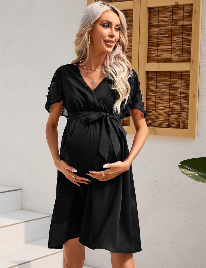 KOJOOIN Damen Umstandskleid Tüll Kurzarm Stillkleid Swiss Dot V-Ausschnitt Schwangere Kleider Mutter