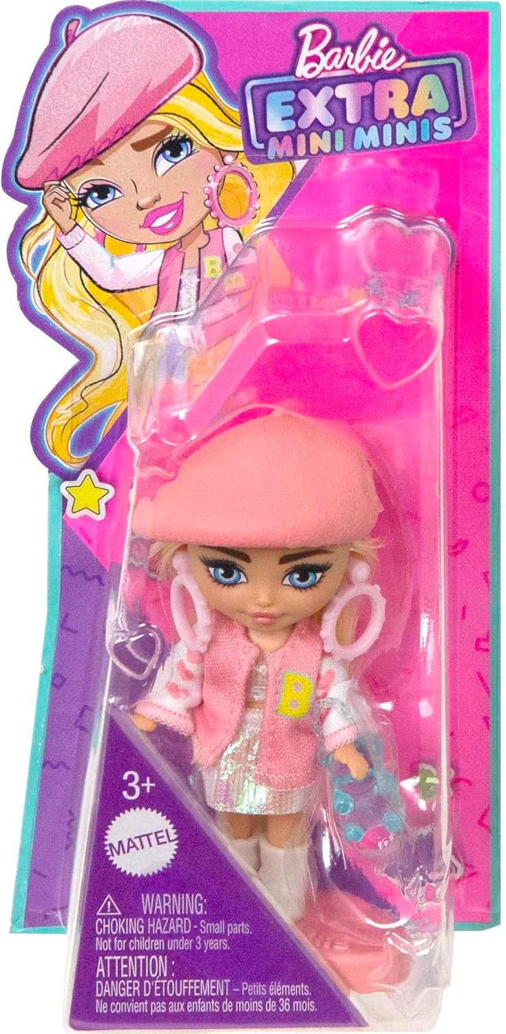 Barbie Extra Mini Minis, Extra Mini Minis Barbiepuppe mit blonden Haaren, rosa & weissem Outfit,Bask