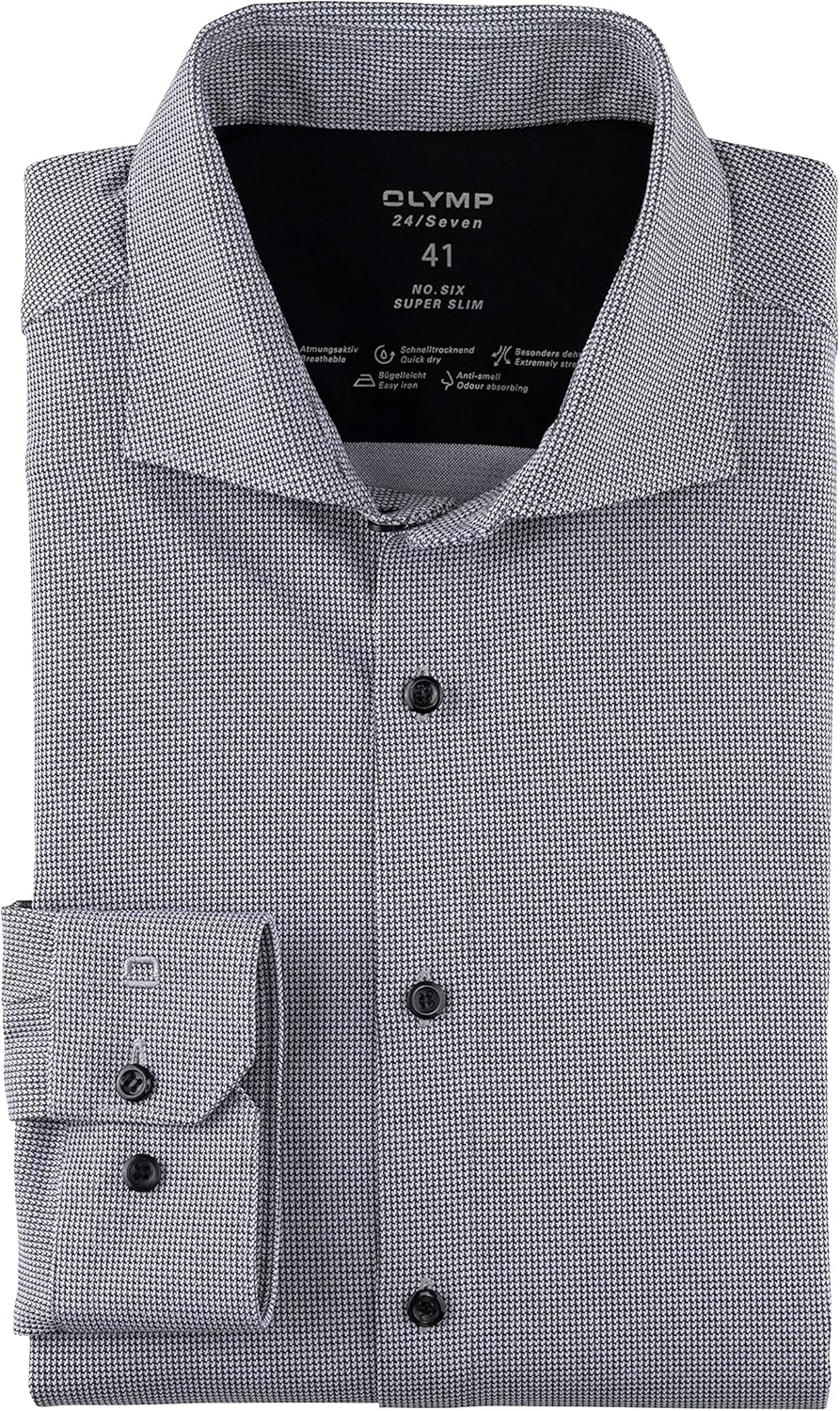 OLYMP Herren Businesshemd No. Six 24/Seven,Gemustert,super Slim,Kent-Kragen 37 Schwarz 68, 37 Schwar