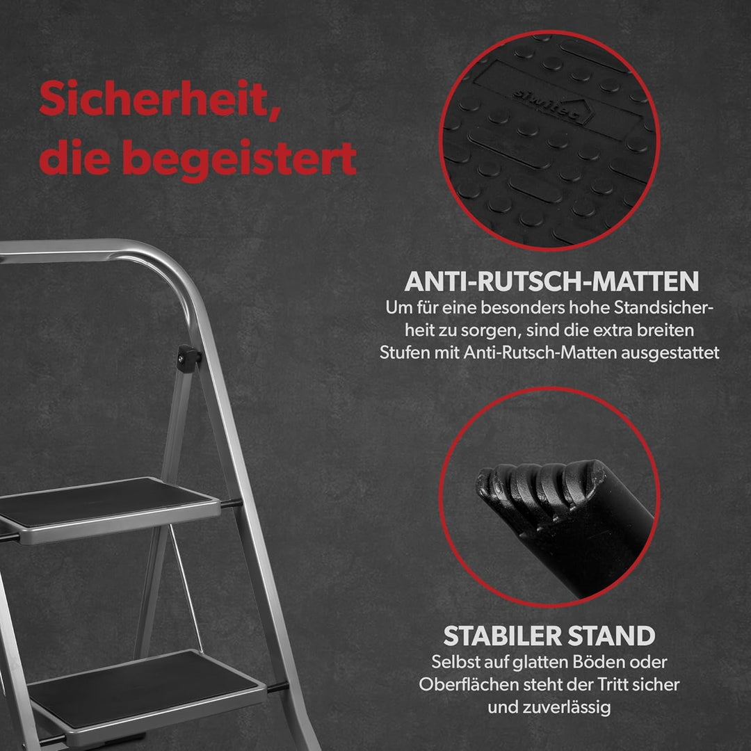 siwitec Klapptritt aus Stahl mit 2 Stufen, anthrazit, kleine Leiter mit Anti-Rutschmatten, 150 kg Tr