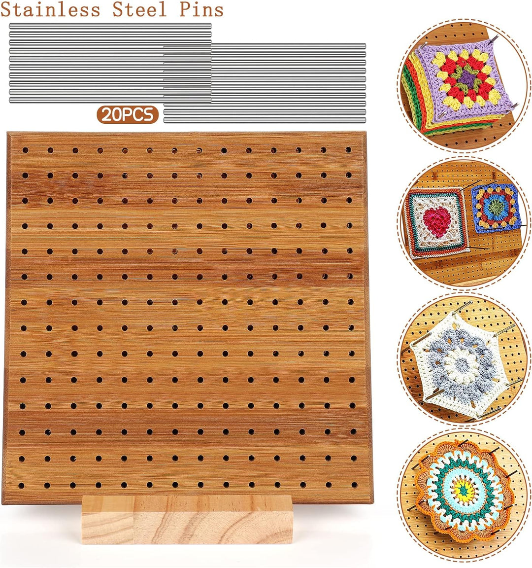 Coopay Sperrbrett für Granny Square, Bambus Blockierbretter und 20 Edelstahl Stabstiften, Tolles Too