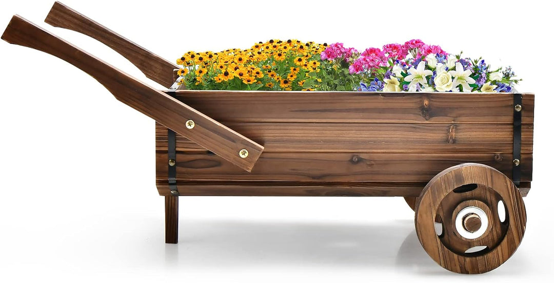 COSTWAY Blumenwagen Holz, Pflanzwagen mit Rädern und Griffen, Blumenkarre mit Abflussloch, Pflanztop
