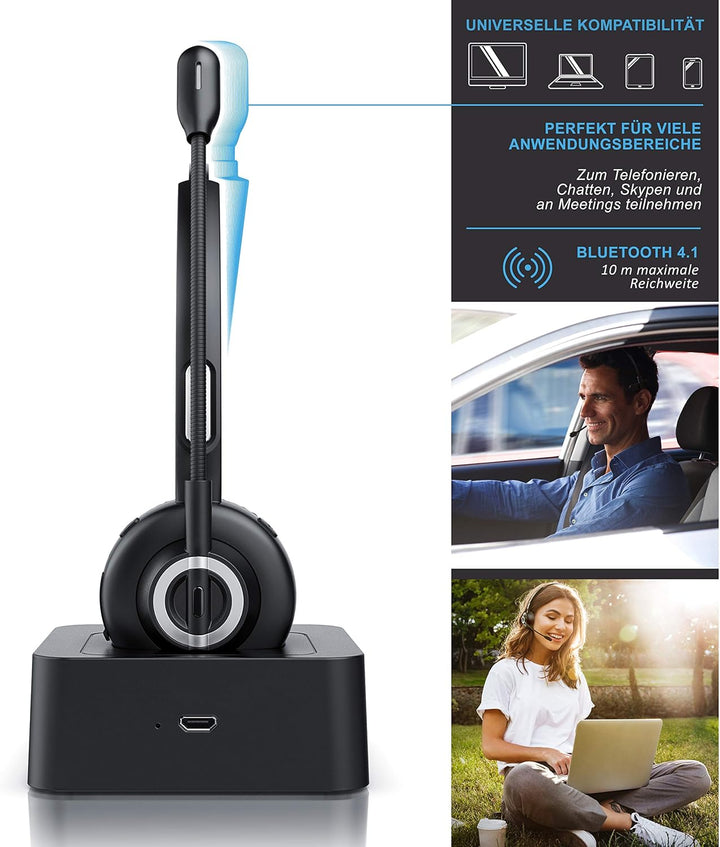CSL - kabelloses Headset mit Ladestation - Mono Bluetooth Headset mit Mikrofon - USB Ladeport - Mult
