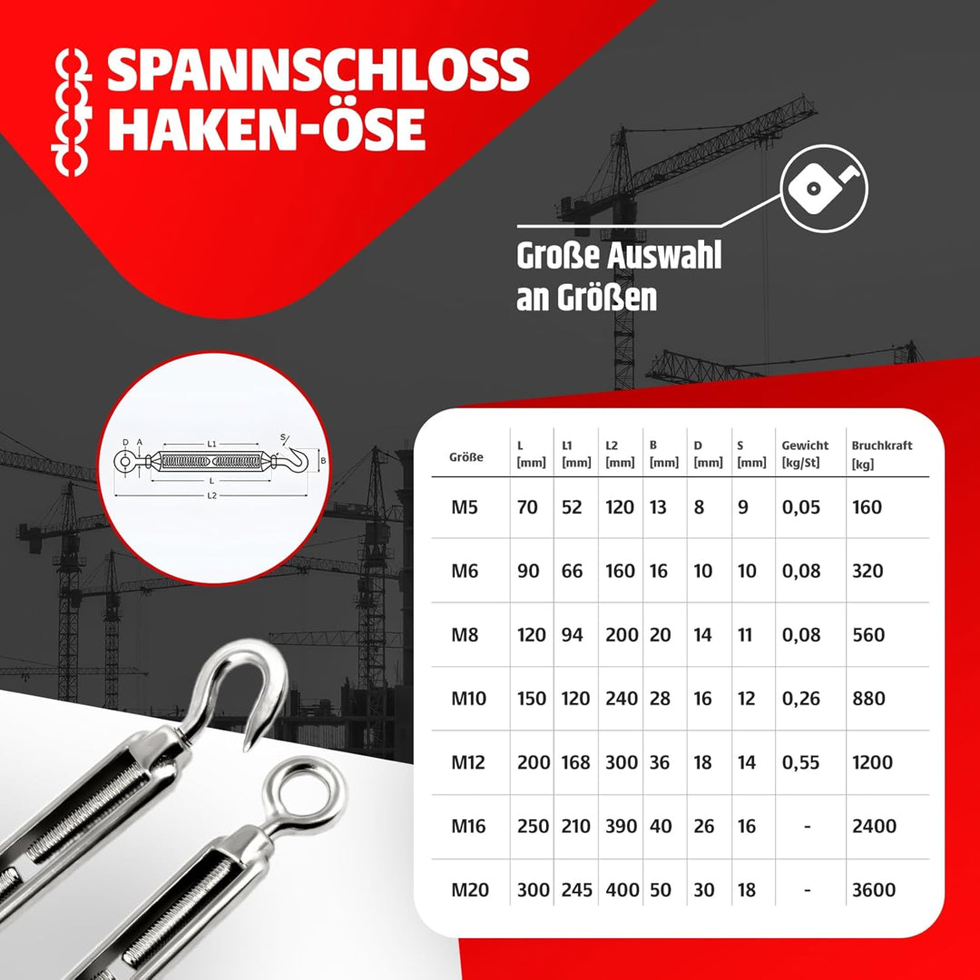 DQ-PP STAHLSEIL SET | 2mm | 100m | 6 x Seilklemmen Bügel 2mm | 2 x Spannschloss M4 Haken – Öse | Ede