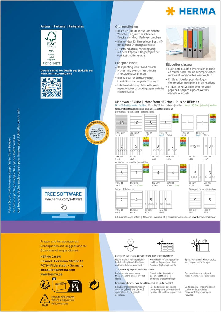 HERMA 4298 Ordnerrücken Etiketten kurz breit, 100 Blatt, 192 x 61 mm, 4 Stück pro A4 Bogen, 400 Ordn