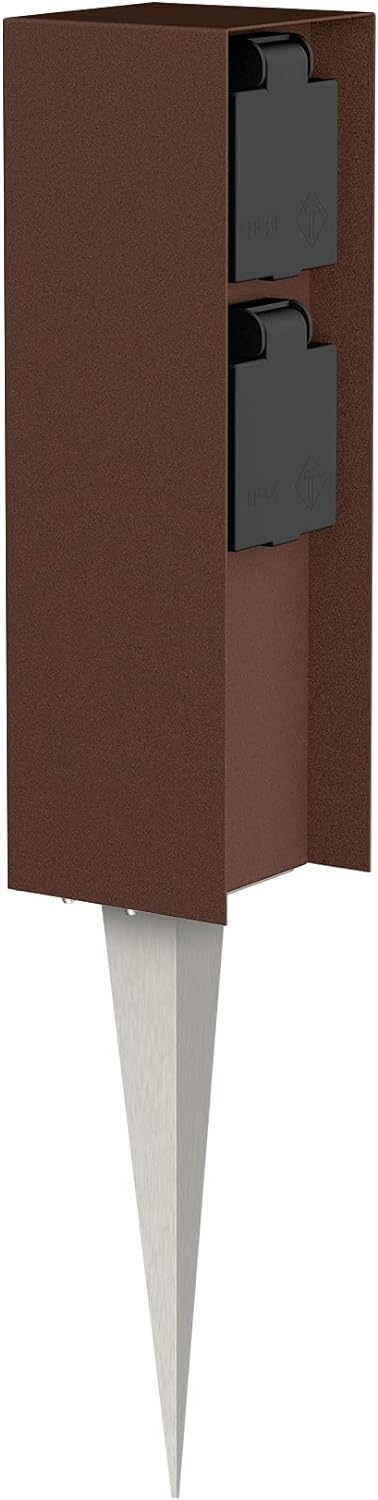 ledscom.de Garten-Steckdosen-Säule POMI mit Erdspiess für aussen, IP44, 2-Fach, braun, eckig, 23cm 1