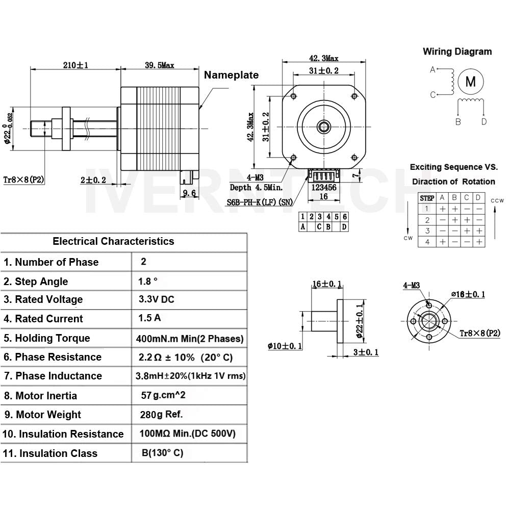 Iverntech NEMA 17 Schrittmotor mit Integrierter 210 mm T8 Leitspindel Ersatz für Monoprice Select Mi