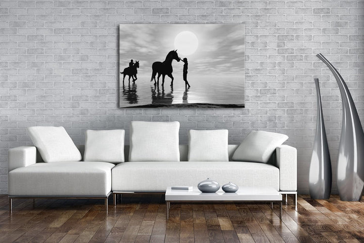 deyoli Silhouette einer Reitergruppe Effekt: Schwarz/Weiss Format: 80x60 als Leinwandbild, Motiv fer