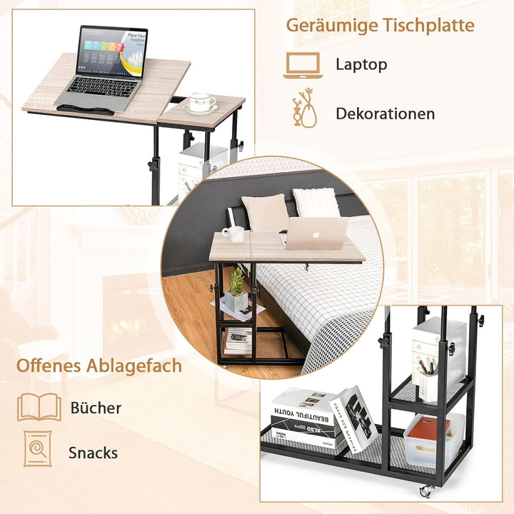 COSTWAY Laptoptisch mit höhen- und neigungsverstellbar, 3 Ebenen Beistelltisch, C-förmiger Sofatisch