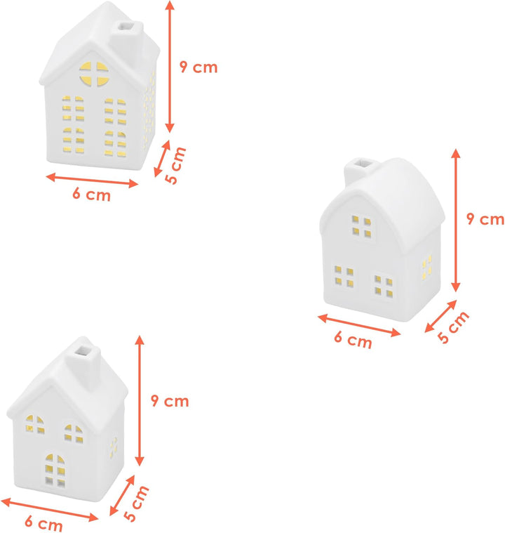 LED Keramik Haus weiss 9 cm - 3er Set - Deko Weihnachtsdorf mit Beleuchtung in warm weiss - Weihnach