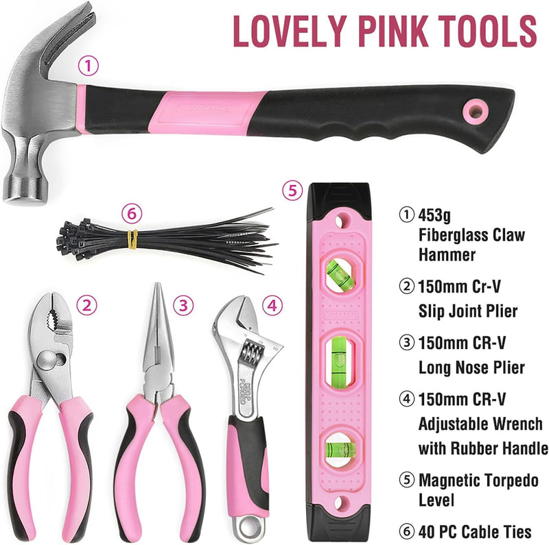 WORKPRO Pink Werkzeug Set Rosa 103 teilig Haushalts-Werkzeugsatz Reparatur mit Tasche, Ideal Geschen