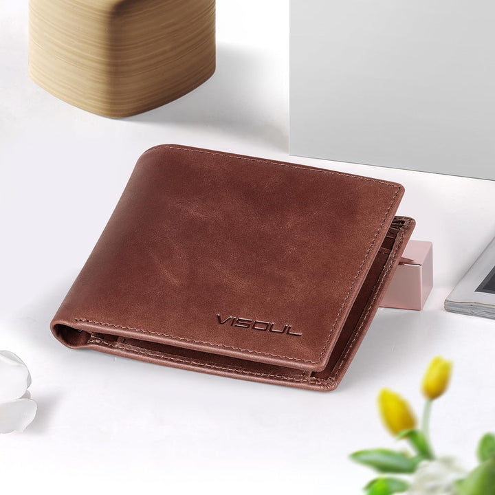 VISOUL Leder Geldbörse Herren mit ID-Fenster/Münzfach & RFID Schutz I Echtleder Geldbeutel für Männe