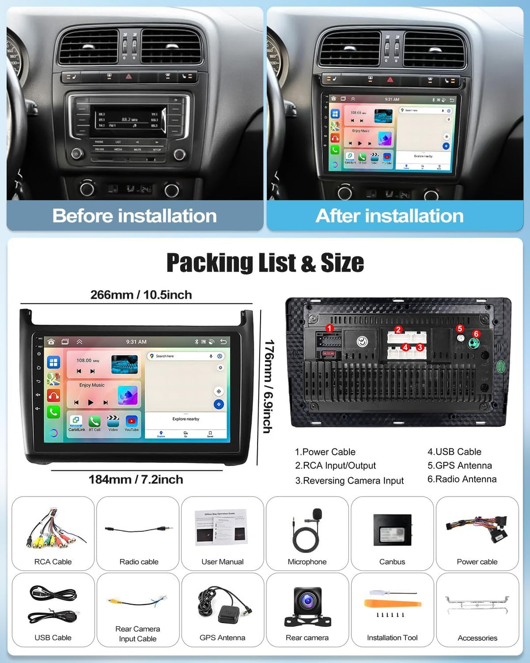 8Core CAMECHO Android 13 Autoradio Doppel Din mit Navi für VW Polo 6R 6C 2008-2016,2G+64G丨9 Zoll Bil