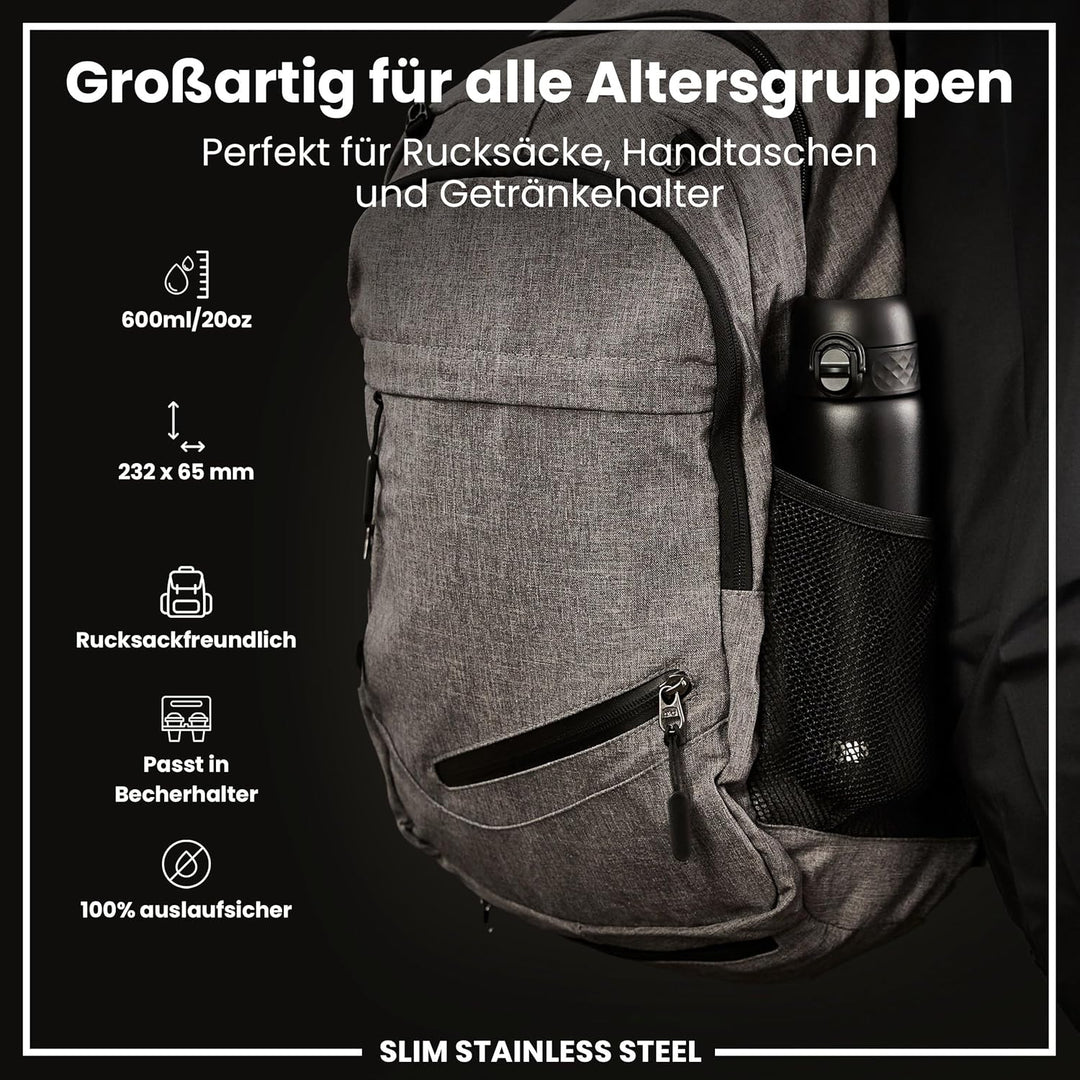 Ion8 Stahl-Trinkflasche, 600 ml, Auslaufsicher, Einhandöffnung, Sichere Verriegelung, Spülmaschinenf