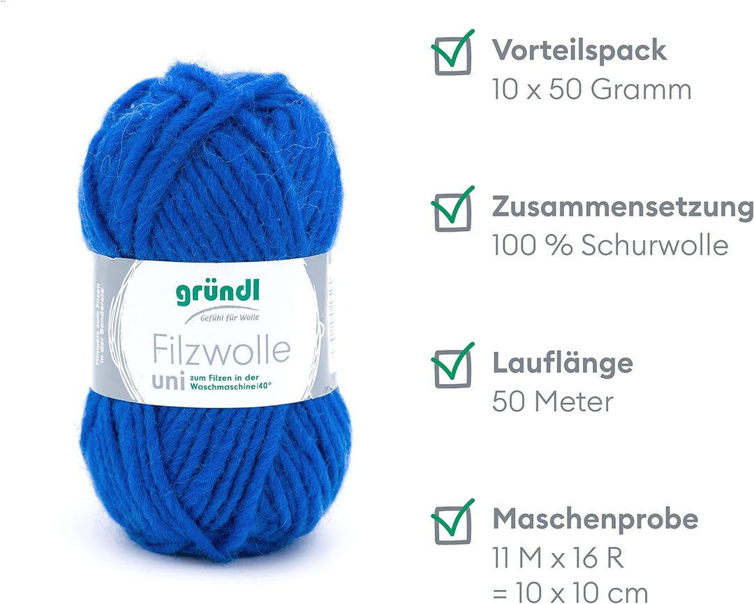 Gründl Filzwolle uni (Wolle zum Filzen, Stricken und Häkeln, Garn aus 100% Schurwolle, 50 g / 50 m,