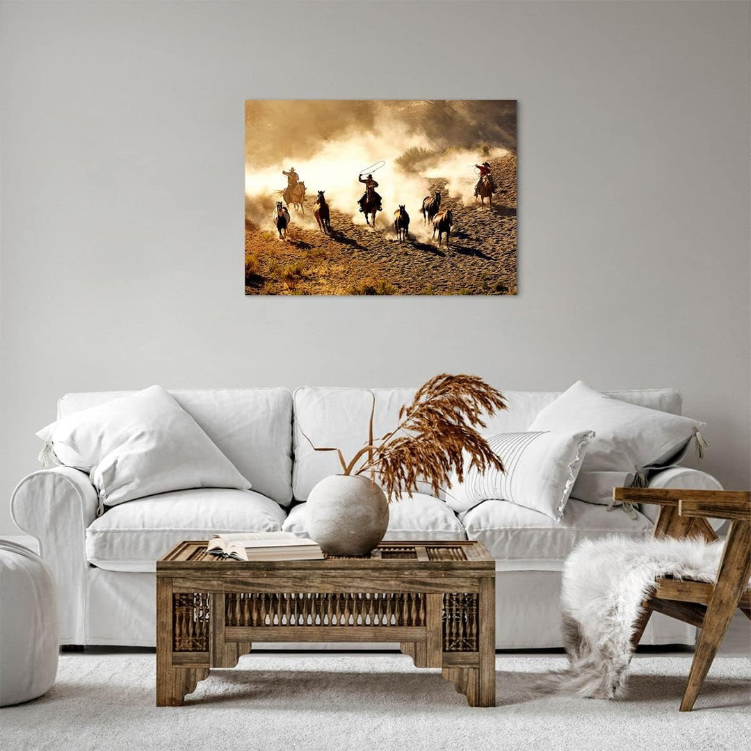 ARTTOR Bilder auf Leinwand Cowboys Pferde Galopp Leinwandbild 70x50cm Wandbilder Dekoration Wohnzimm