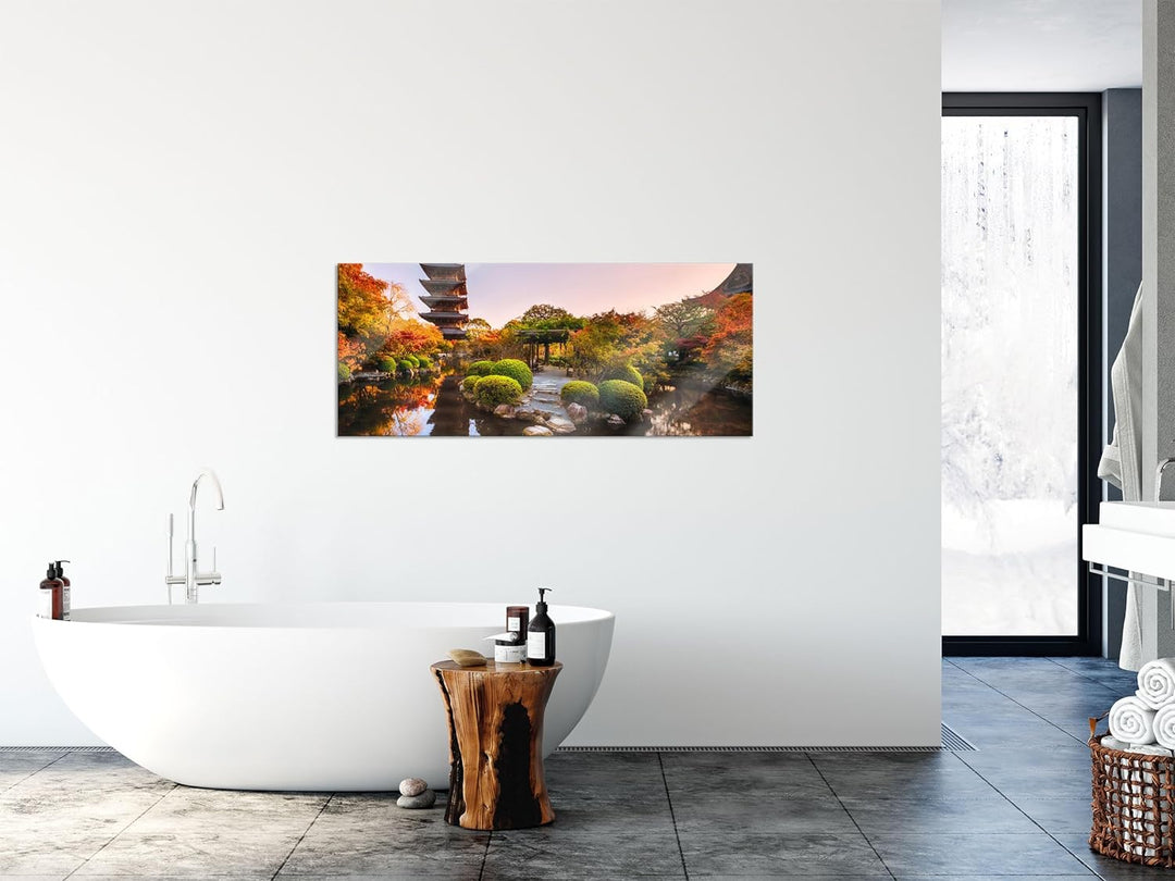 Glasbild Panorama | Wandbild aus Echtglas | See im Herbst vor japanischem Tempel | 100x40 cm | inkl.