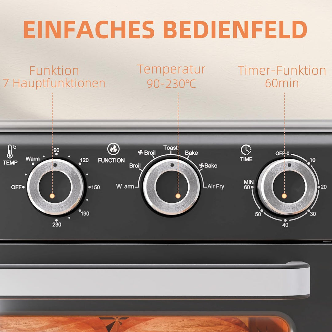 HOMCOM Minibackofen mit Umluft 20L Mini Ofen mit Backblech, Grillrost und Krümelblech, 90 °C-230 °C